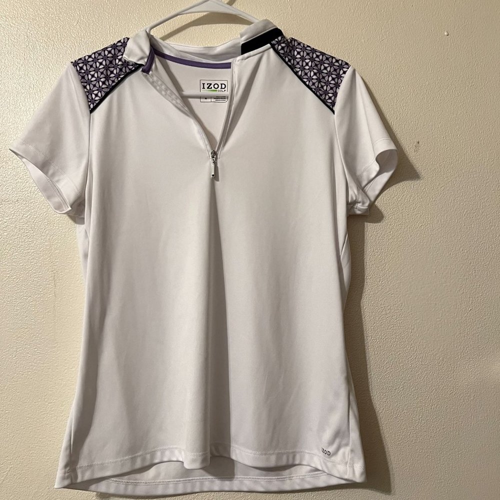 Izod womens white /purple,quarter zip golf top, size M